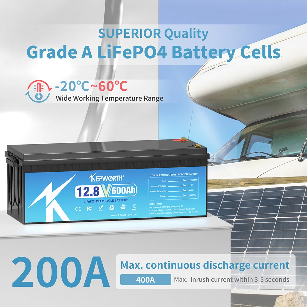 KEPWORTH Nova bateria 12V 600Ah LiFePO4 integrada em 200A BMS com ciclos profundos, para barco, rv, solar, aplicações fora da rede