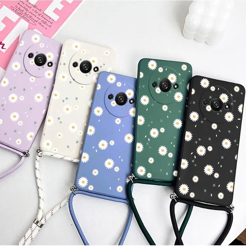 A3 Deciduous Daisies Lanyard New Silicone Phone Case For Xiaomi Redmi A3 Shatterproof Camera Protection Redmi A3 Soft Back Cover