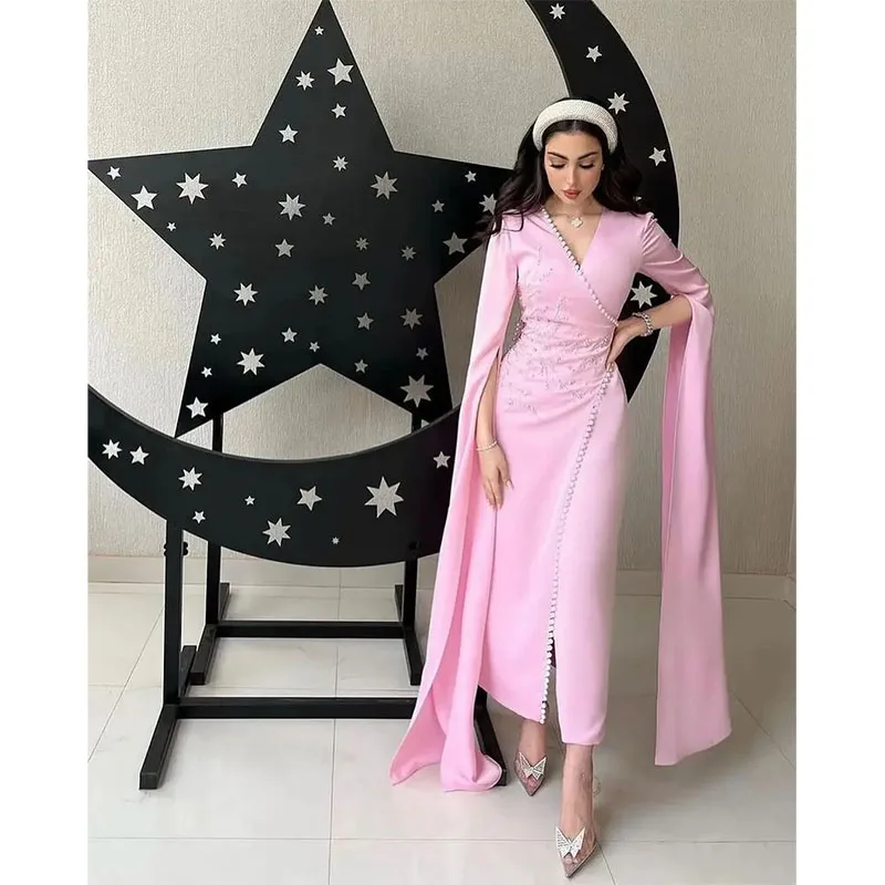 

Elegant Pink V Neck Prom Dresses Beadings Pearls Formal Evening Dresses Saudi Arabia Long Sleeves Ankle Length Party Dress