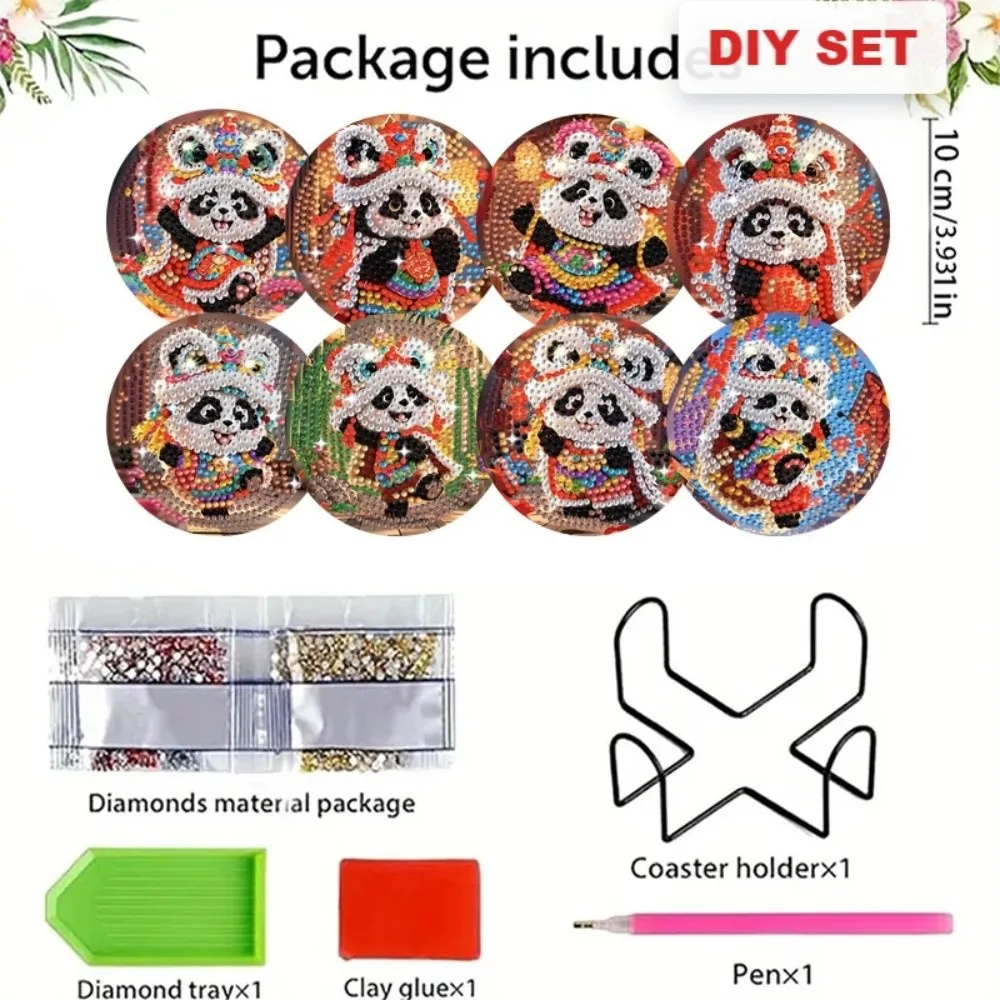 8PCS/6PCS With Stand DIY Painting Coasters Entry-level Handmade Round Art Coasters Simple Cute Panda Diamond Coaster Kit