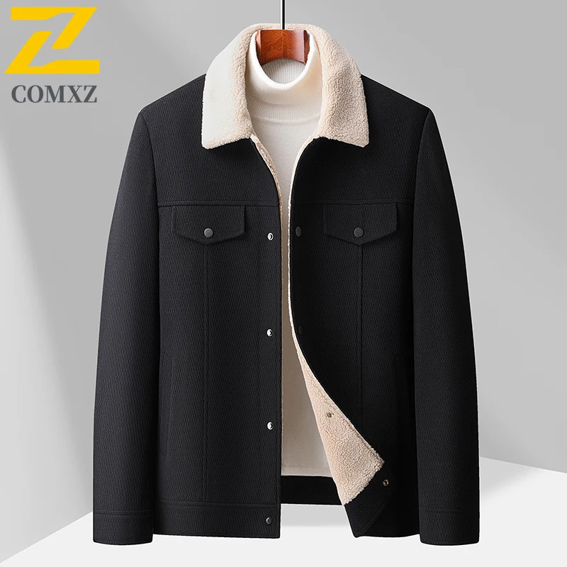 COMXZ ฤดูหนาวผ้าขนสัตว์ผสมเสื้อใหม่ชายบุเสื้อทำงานเสื้อแจ็คเก็ตบุรุษแฟชั่นคอปกอบอุ่นเสื้อแจ๊กเก็ตกันลม