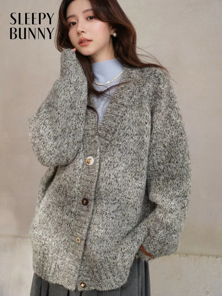 

Vintage Wool-Like Knit Cardigan Soft Cozy V Neck Sweater Coat Loose Warm Outerwear Women Autumn Winter Casual Layered Knitwear