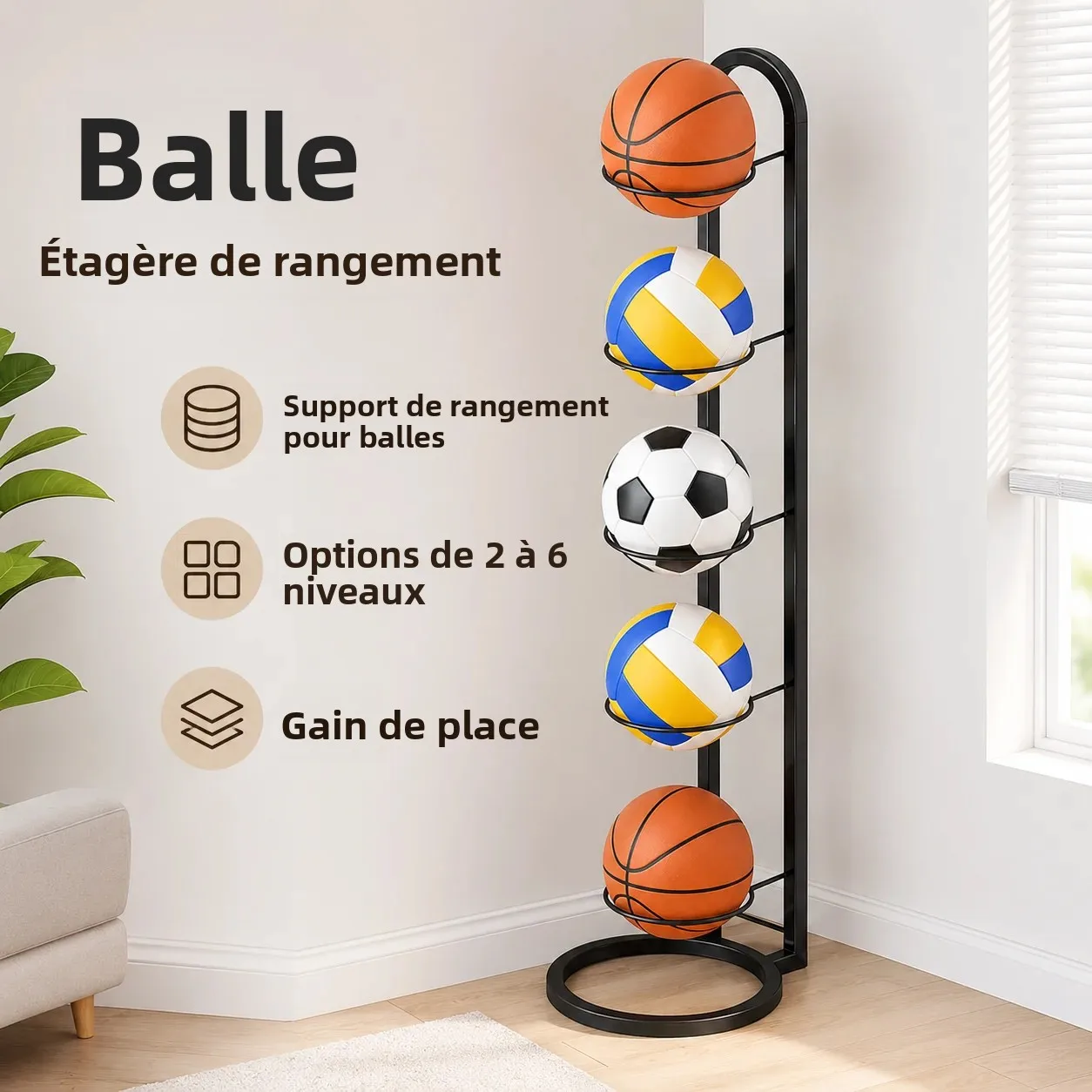 Support de rangement pour ballons de sport en fer, 2 à 6 niveaux, pour basketball, football, volley-ball, organisateur gain de place pour la maison, la salle de sport, le garage, la résidence universitaire