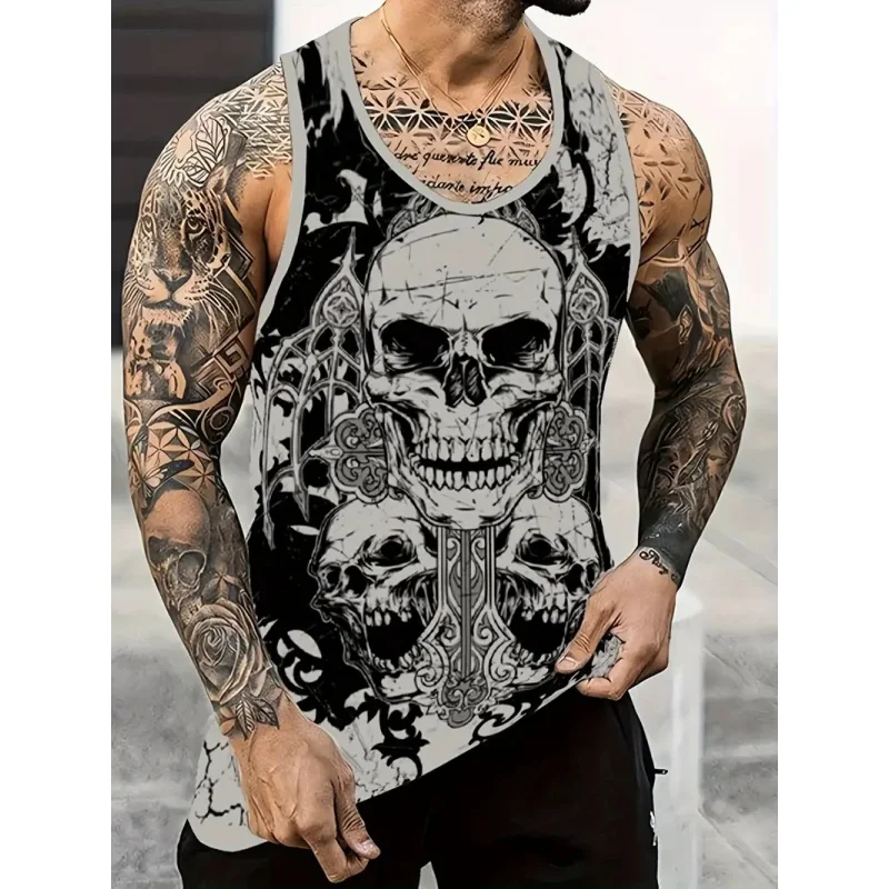 

3D Print Vintage Graphic Men's Tank Tops Summer Daily Casual Loose Sports Vest Skull Cross Pattern Breathable Quick Dry Clothing