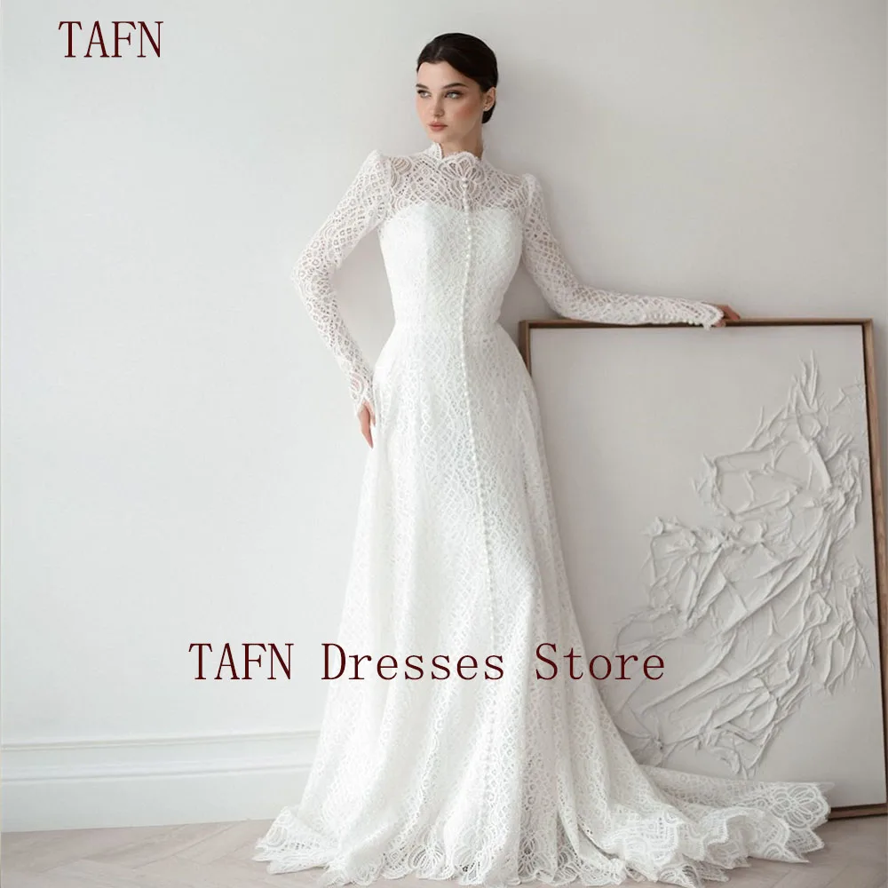 

TAFN Modest Wedding Dresses Lace High Collar Full Sleeves Bridal Gown Button A-line Sweep Train Bride Weding Party Gowns