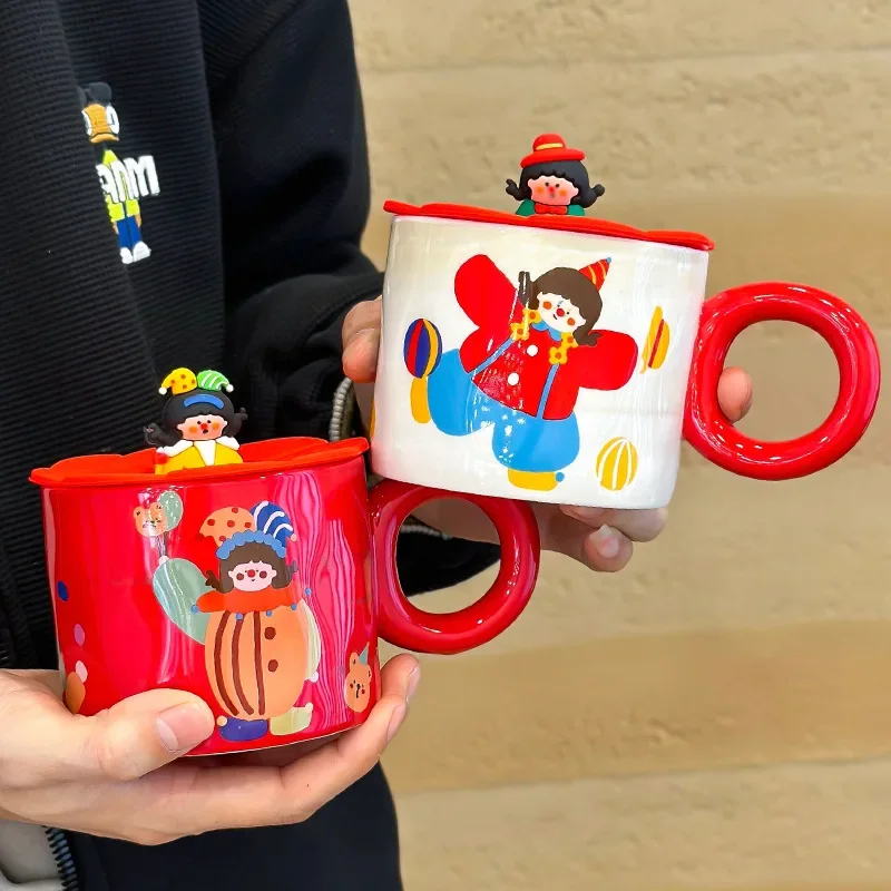 

Mug cute cartoon circus with cover value cup household water cup ins student ceramic cup large capacity