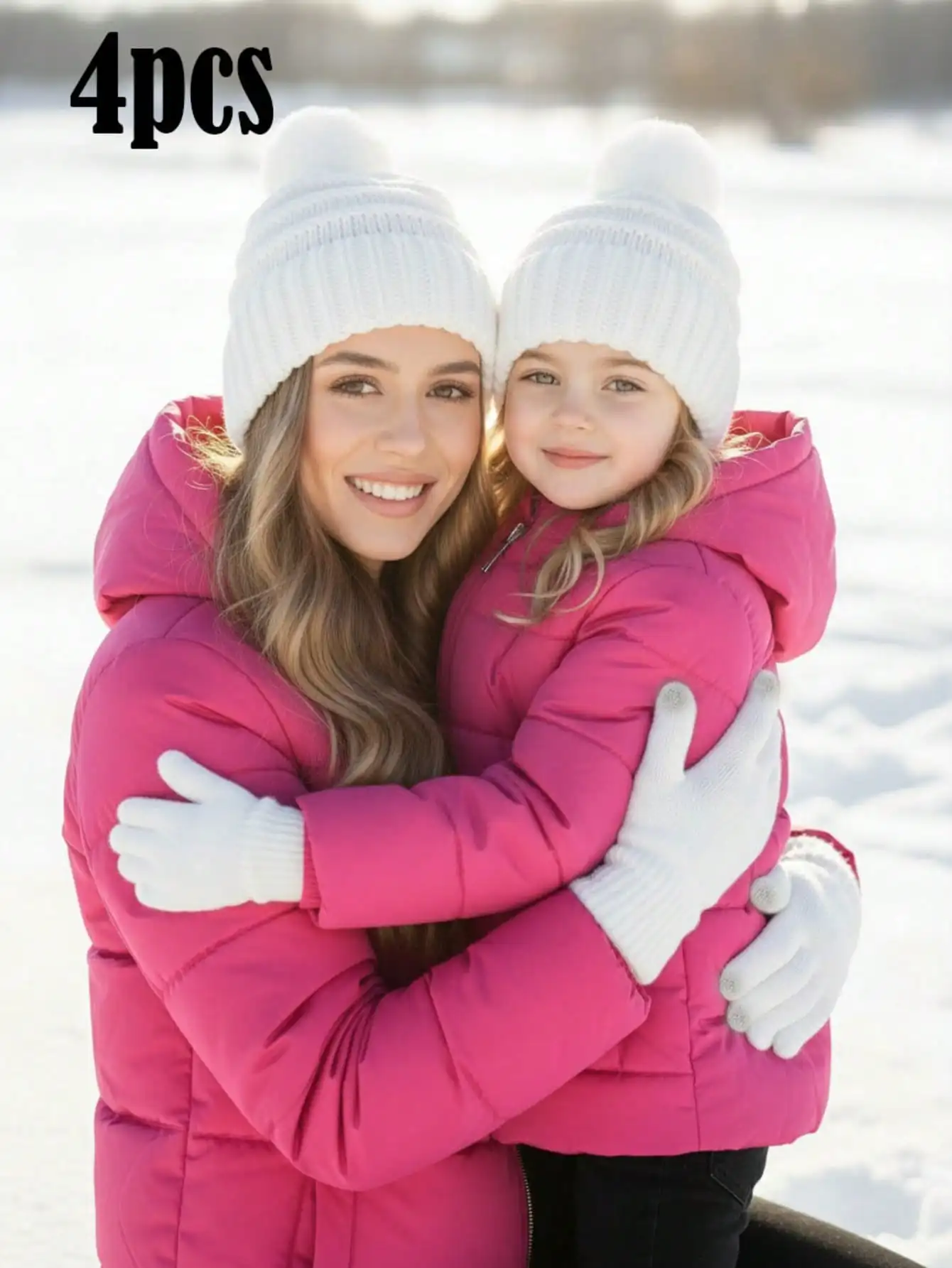 4Pcs Solid Parent-child Knit Hat & Neck Warmer Set, Adult & Kids Matching Knitted Hat Scarf Kit for Autumn Winter Daily Wear