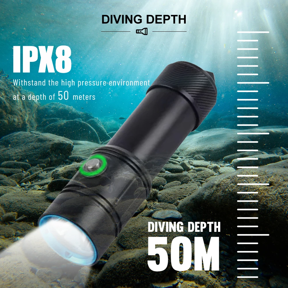 Asafee 50M Underwater Diving Flashlight L2 LED 1200LM SOS Light Battery Display Torch IPX8 Waterproof Lantern