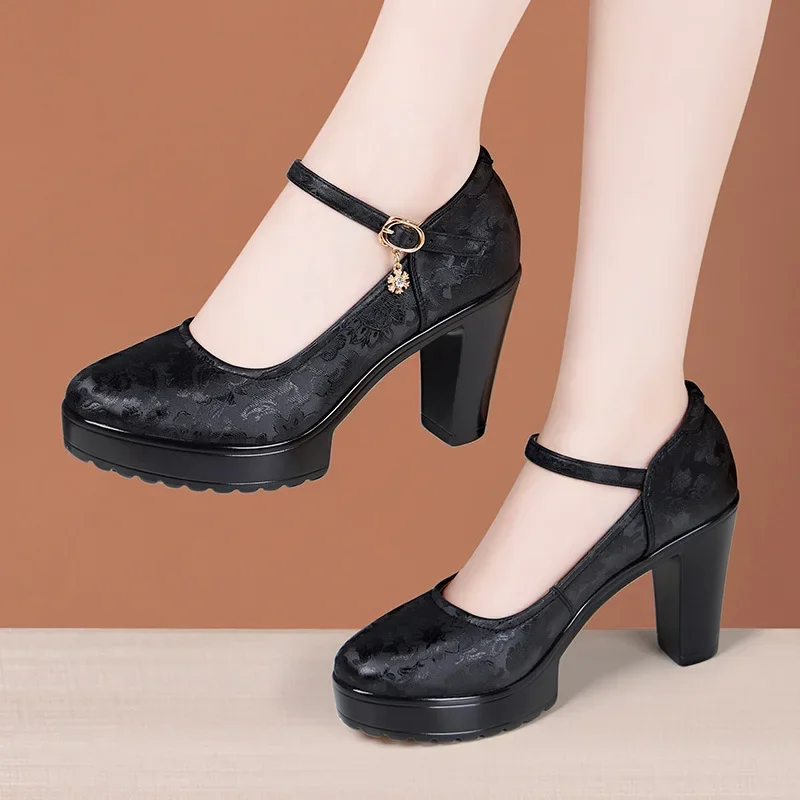 9cm Small Size 32-43 National Embroider Leather Mary Janes Platform Pumps 2024 Shallow Block High Heels Shoes Office Model Mom