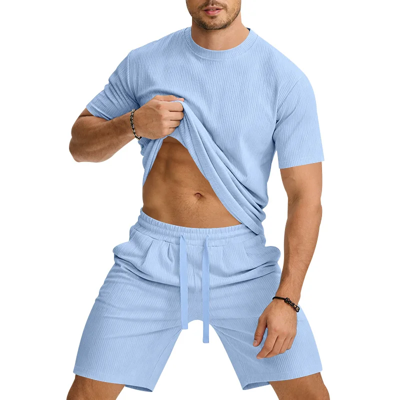 

Men's two-piece set, simple ribbed short-sleeve T-shirt with drawstring shorts, loose and casual summer home and sports outfit