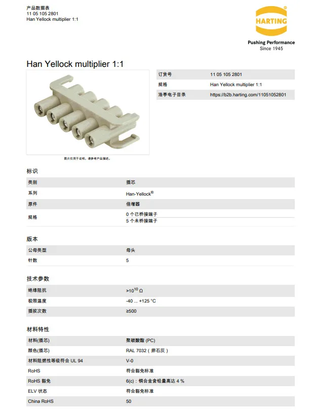 11051052801 HARTING Han Yellock multiplier 1:1 5-pin female ferrule