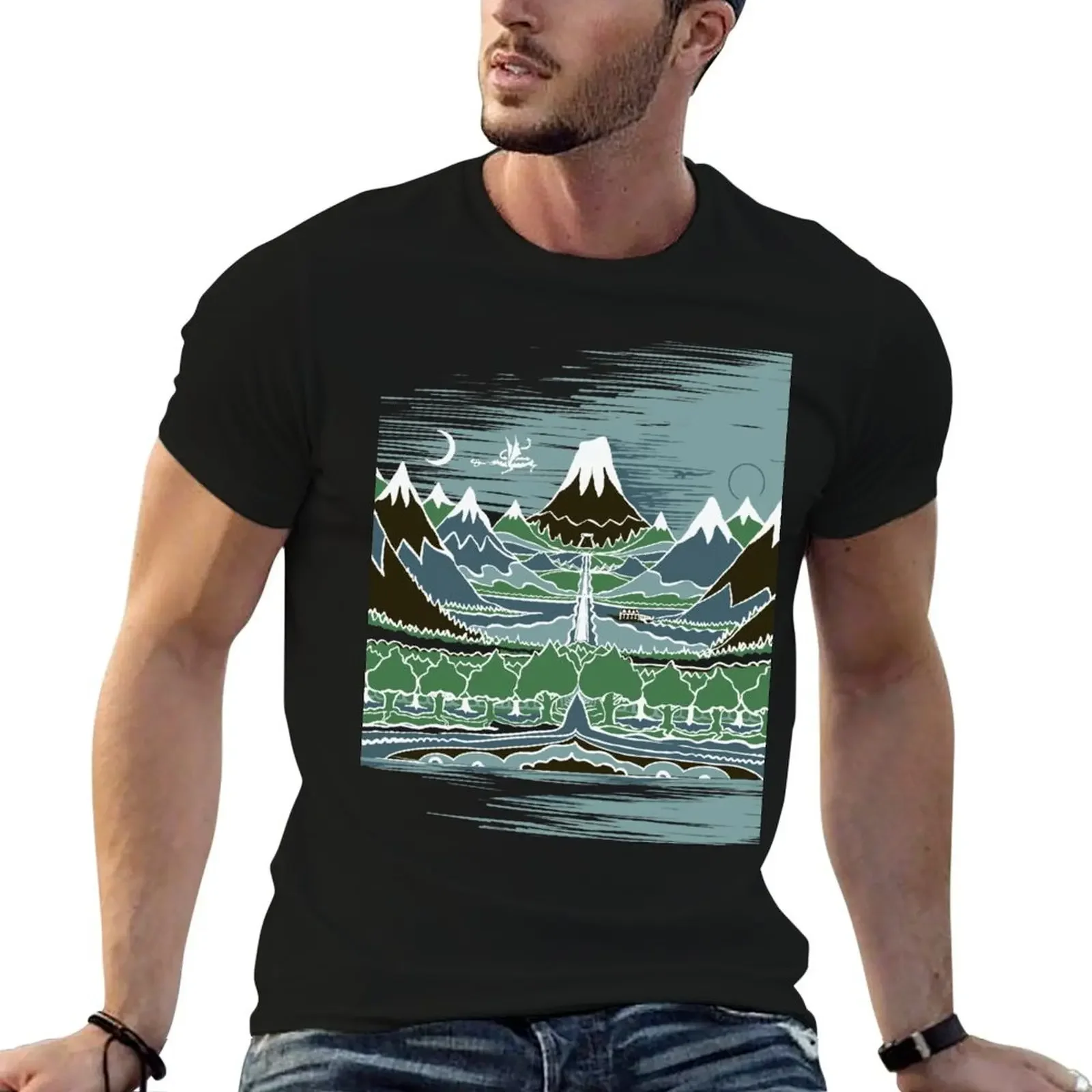 A Halflings journey on a mountain path through an elven wood in the style of J.R.R.Tolkien T-Shirt anime mens shirts graphic tee