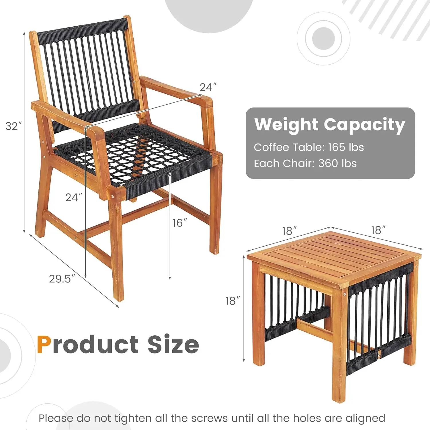 3-teiliges Akazienholz-Gartenmöbel set, Allwetter-Seil-Bistro-Set mit Sesseln und Couch tisch, Patio-Gesprächs set