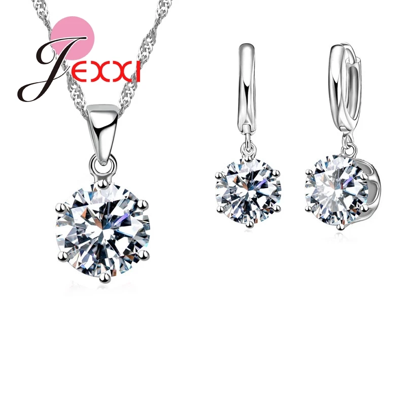 17 Color Promotions 925 Sterling Silver CZ Collar Necklace Earrings Crystal Anniversary Wedding Jewelry Sets
