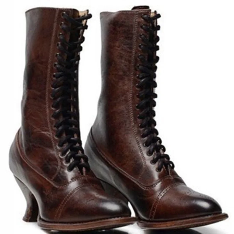 British Style Punk Noble Women Medieval Gothic Retro Knight Boot PU Leather Ankle Mid-calf Boots Lady Cosplay High Heel Shoes