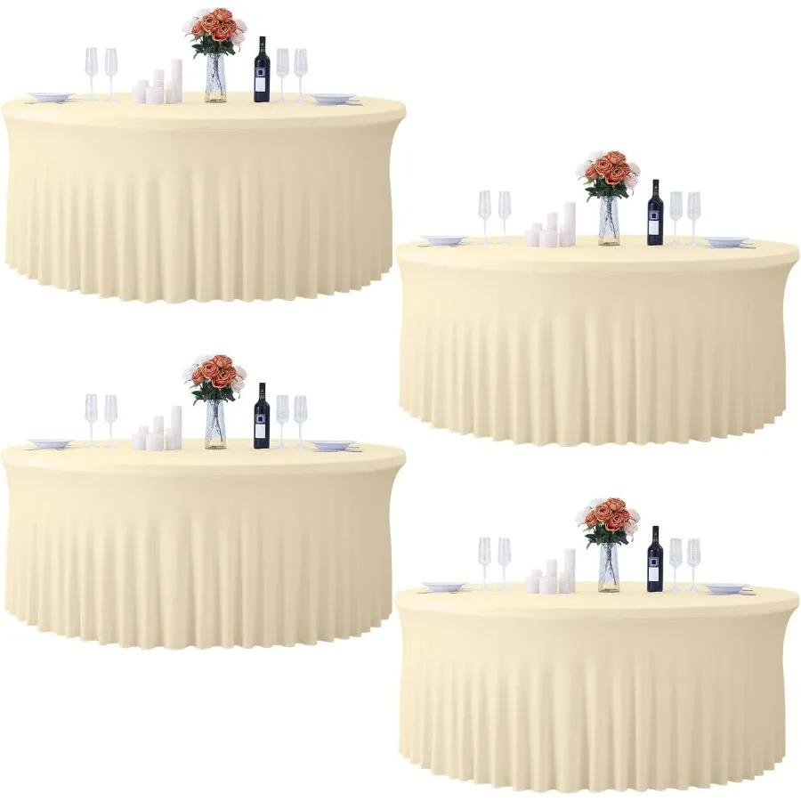 

4 Pack 132 Inch Champagne Round Tablecloth, Circle Stretch Table Cloths for 6 FT Tables, Wrinkle Free Round Table Skirt for Wedd