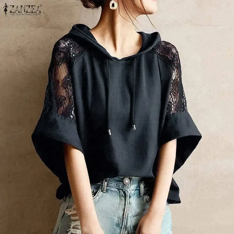 

ZANZEA Women Blouse Lace Patchwork Tops Tunic 2026 Summer Half Sleeve Hooded Casual Shirts Pullovers Fashion Hoodies Solid Blusa