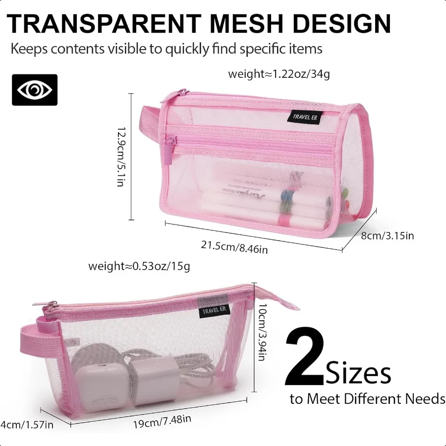 2Pack Grid Mesh Pencil Case with Handle and Zipper Double Layer Clear Pencil Pouch Travel Makeup Bag and Small Toiletry Bag for
