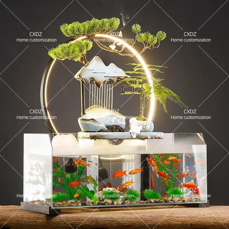 Flowing Water Feature Glass Fish Tank Goldfish Bowl Desktop Aquarium Ornament for Living Room TV Cabinet Home Decor