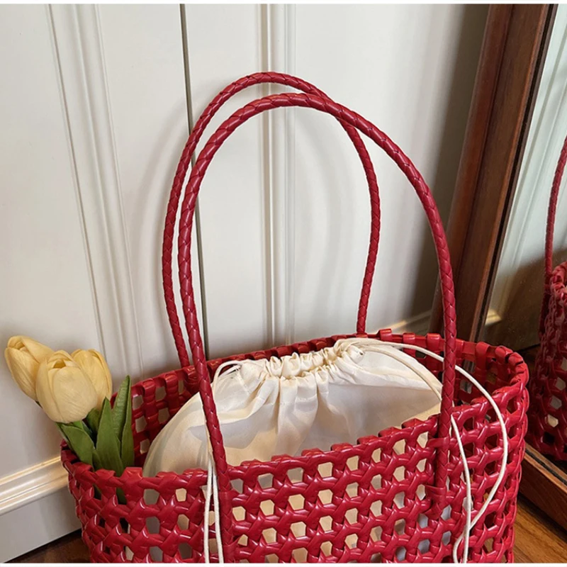 Korean Handmade Woven Hollow Tote Bag,Large Capacity Beach Bohemian Style Bag,Vegetable Basket Casual Shoulder Handbag For Women image 6