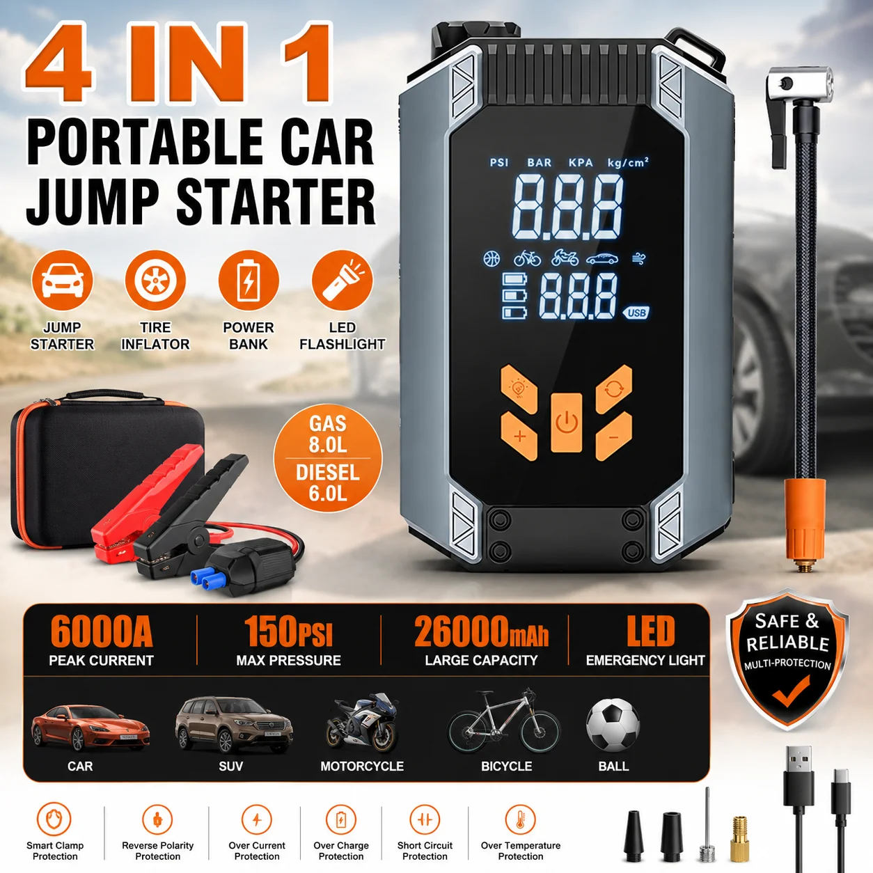 Avviatore portatile 4 in 1 per auto, con compressore d'aria digitale senza fili, gonfiatore per pneumatici, booster di batteria, power bank, torcia LED di emergenza e pompa d'aria rapida per auto,