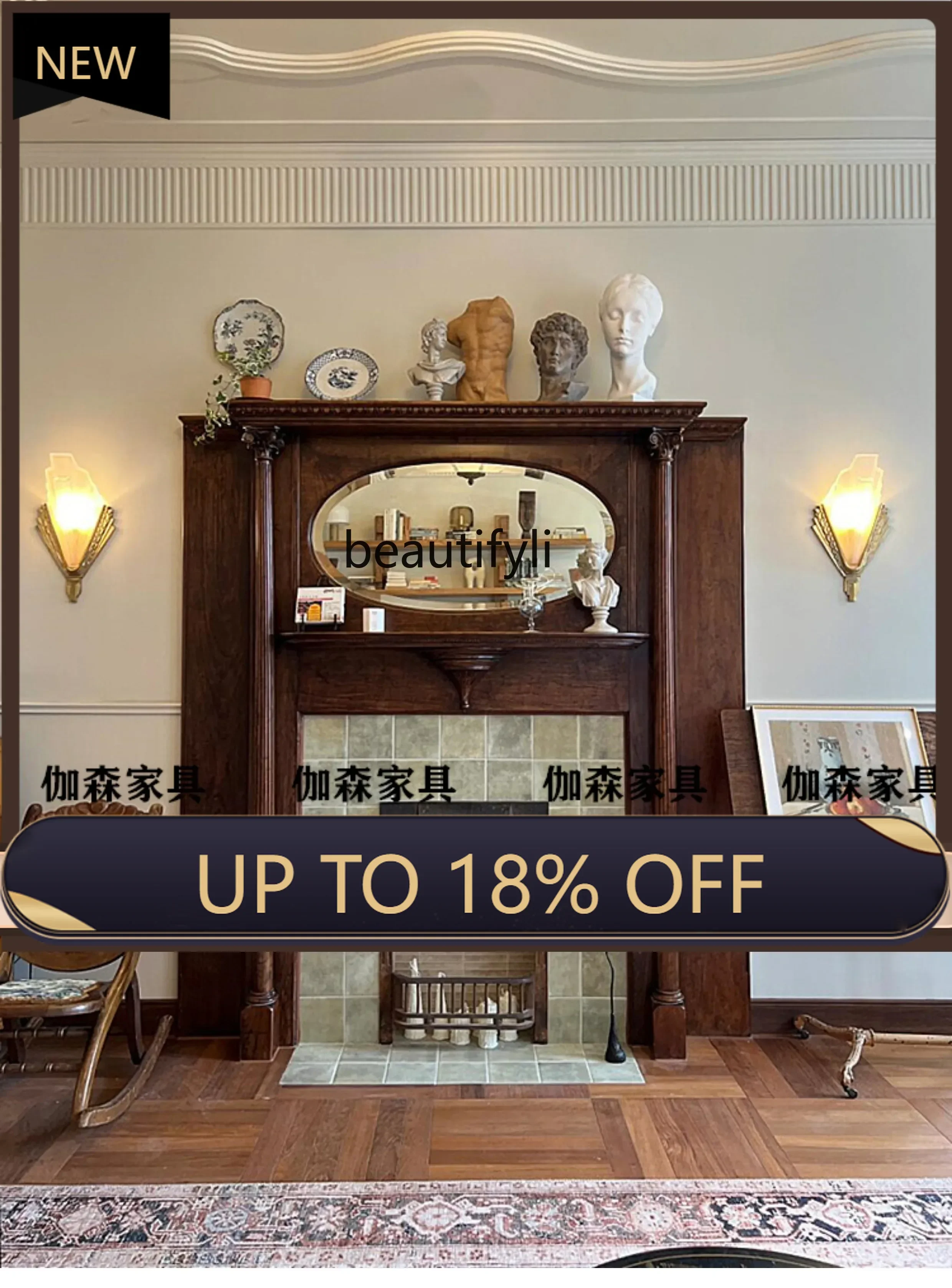 

P178 Antique fireplace decorative cabinet solid wood mirror Roman column carved fireplace