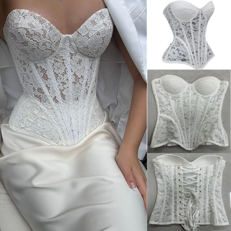

Women Corset Bustiers Strapless With Bra Breathable Mesh Lace Up Boned Bodices Waist Girdle Shapewear Tops Lingerie XXS To 3XL