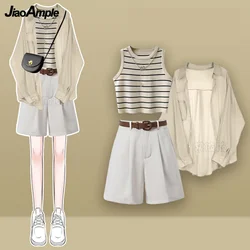 Women's 2024 Summer New Casual Sunscreen Shirt+Striped Vest+Suit Shorts Three Piece Korean Elegant Loose Tracksuit Matching Set