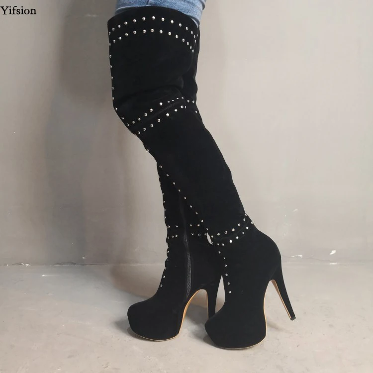 

Olomm New Women Platform Over The Knee Boots Sexy Rivets Thin High Heels Boots Round Toe Black Party Shoes Women US Size 5-15