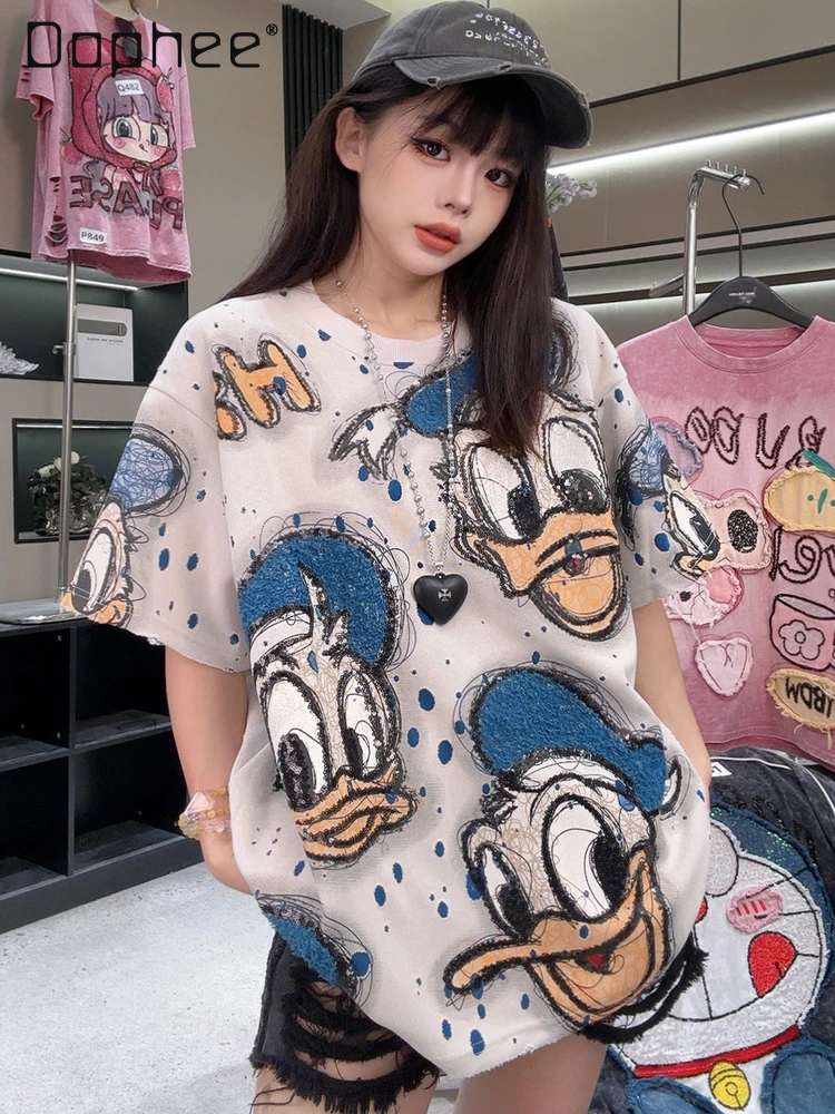 

Ранняя осень 2023, новый тяжелый ремесленный дизайн с отверстиями, футболка с короткими рукавами и рисунком утки для женщин, свободный повседневный универсальный топ