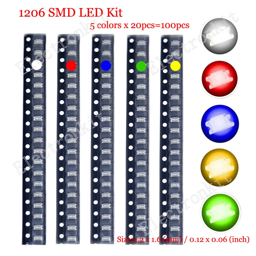 100pcs/set 0402 0603 0805 1206 1210 5730 5050 SMD LED Kit Red/Green/Blue/White/Yellow led diode package 5 Colors x 20pcs