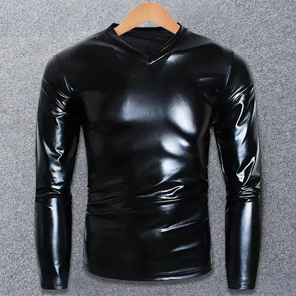 Men Black Leather Long Sleeve T-Shirt Nightclub Wear Muscle Tee Pu Leather Top S-7XL Plus Size V-Neck Slim Shirt Male Undershirt