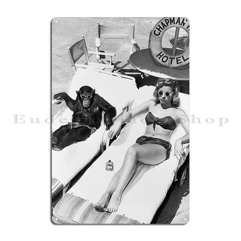 Lady And Chimp Sunbathing Black And White Vintage Art Metal Sign Character Bar Living Room Wall Pub Garage Tin Sign Poster