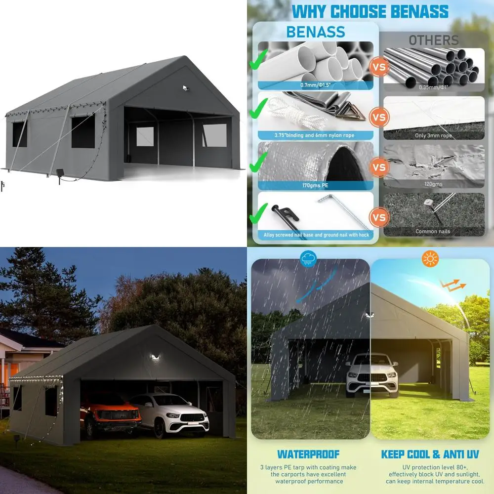 

20x20 carport canopy, heavy duty car port, portable car ports garage with 2 roll-up zipper drive through doors, grey