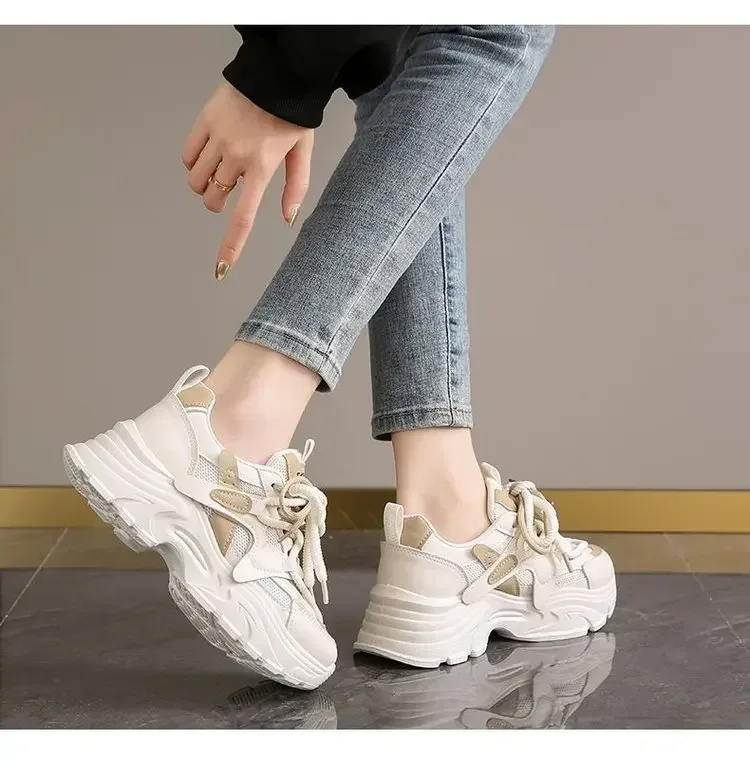 Modische Damen-Dad-Schuhe mit Leder-Obermaterial, Dicker Sohle, Lässige Sportschuhe, Frühling-Herbst Neuer Stil, Atmungsaktiv und Leicht – Detail 13