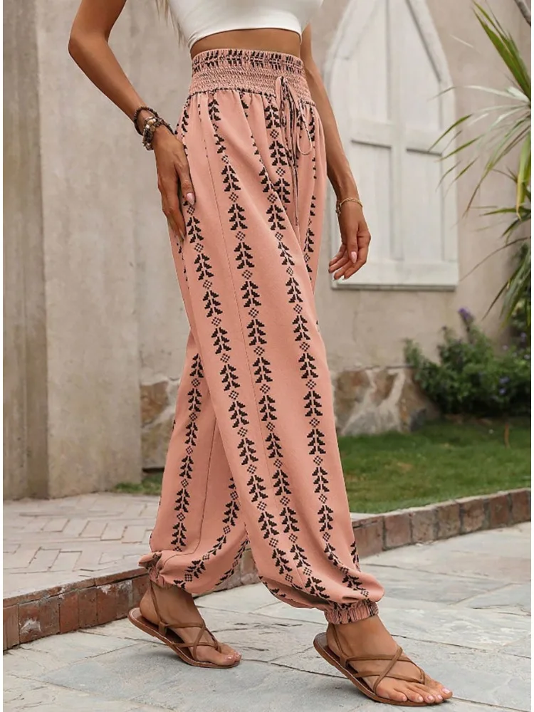 2026 New Women Boho Print Pants Women's Pants And Trousers Women's Pants High Waist Drawstring Loose Casual Trousers