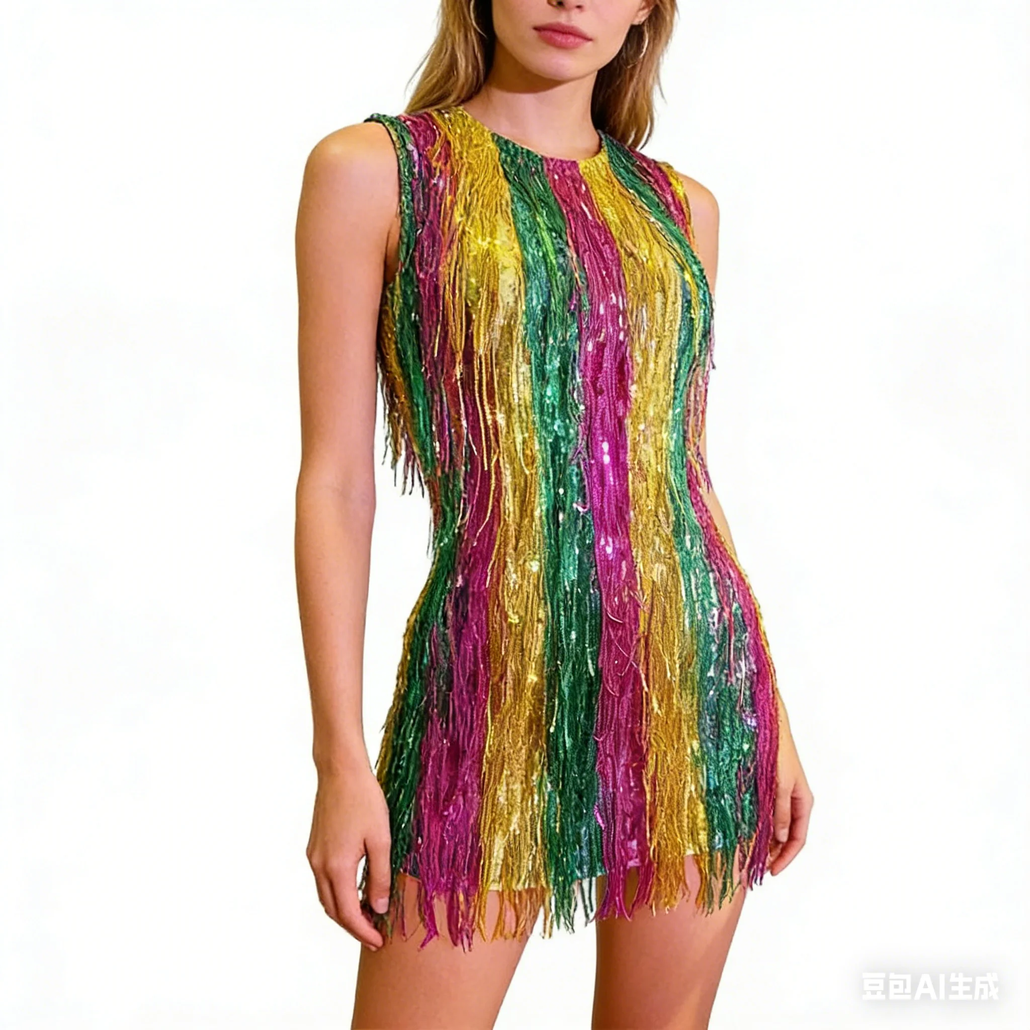 Fashion Colorful Sequins Tassel Nightclub Dress Sexy Women Party Bar Concert Performance Short Fringe Dress Singer Stage Costume