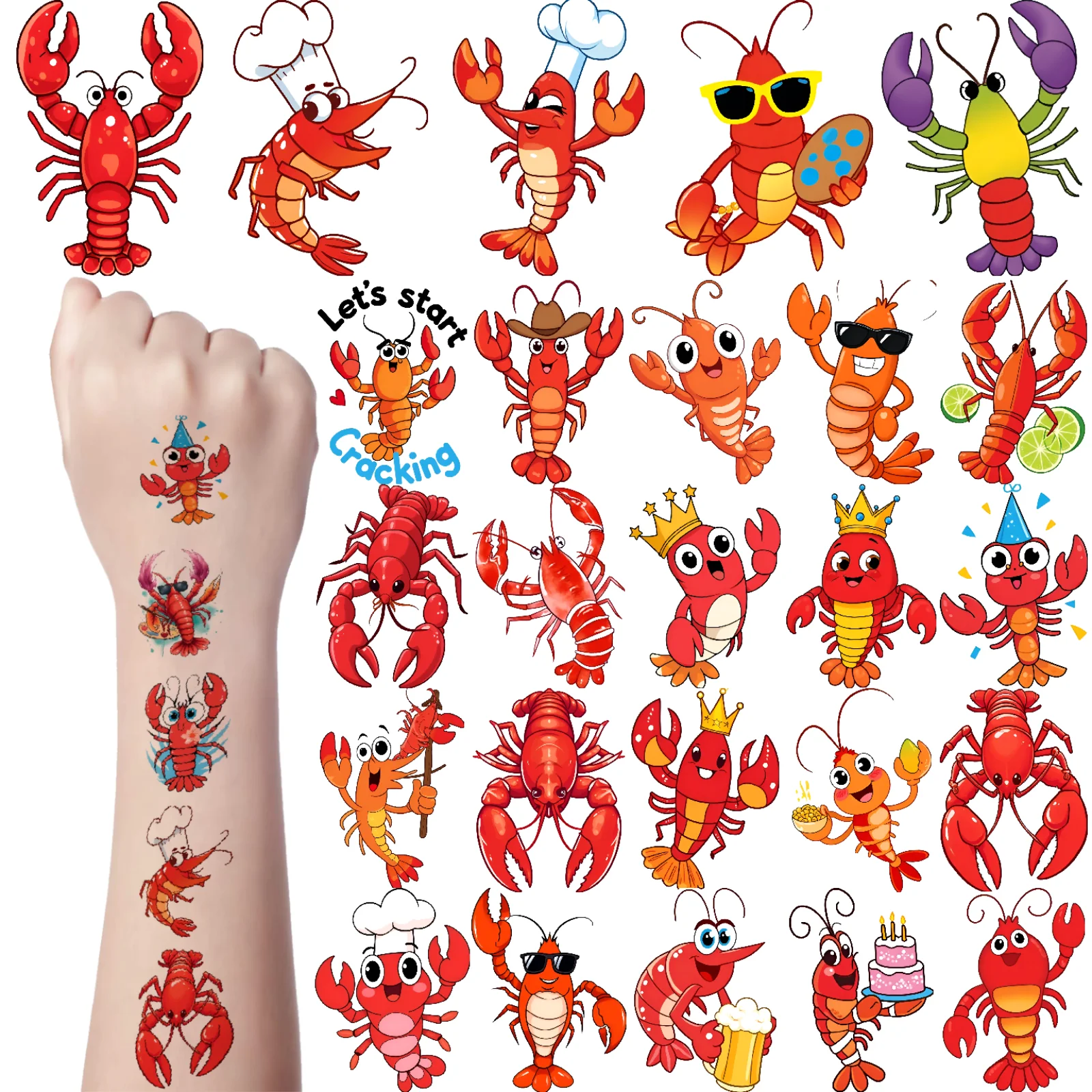 54 قطعة جراد البحر الوشم المؤقت مع الجير ملصقات الوشم المؤقت الموسيقار جراد البحر كاوبوي جراد البحر للأكتاف