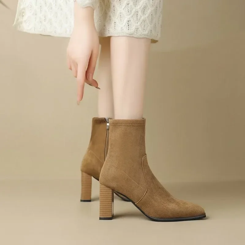 2024 New Ladies Shoes Hot Sale Side Zipper Women\'s Boots Winter Square Toe Solid Short Barrel Chunky Heel Fashion Boot Zapatos