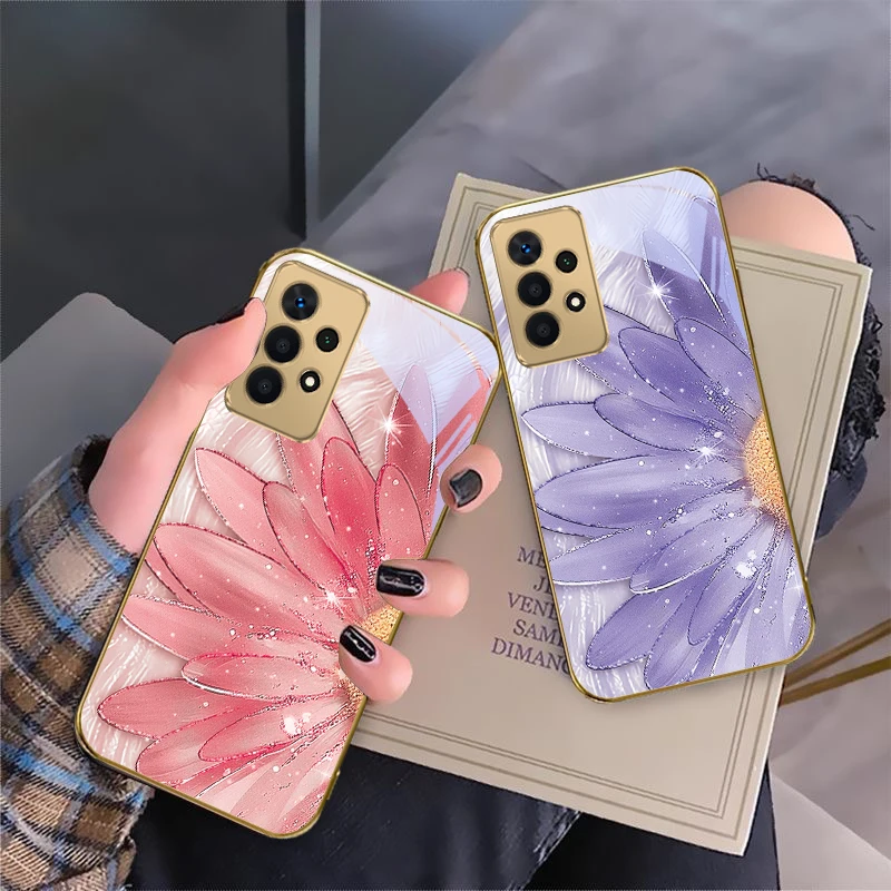 

Silk like petal texture For Samsung A 01 52S A04 A05S A10 A12 A13 22 23 24 36 42 M02 Note 10 20Ultra 8 9 Golden glass phone case