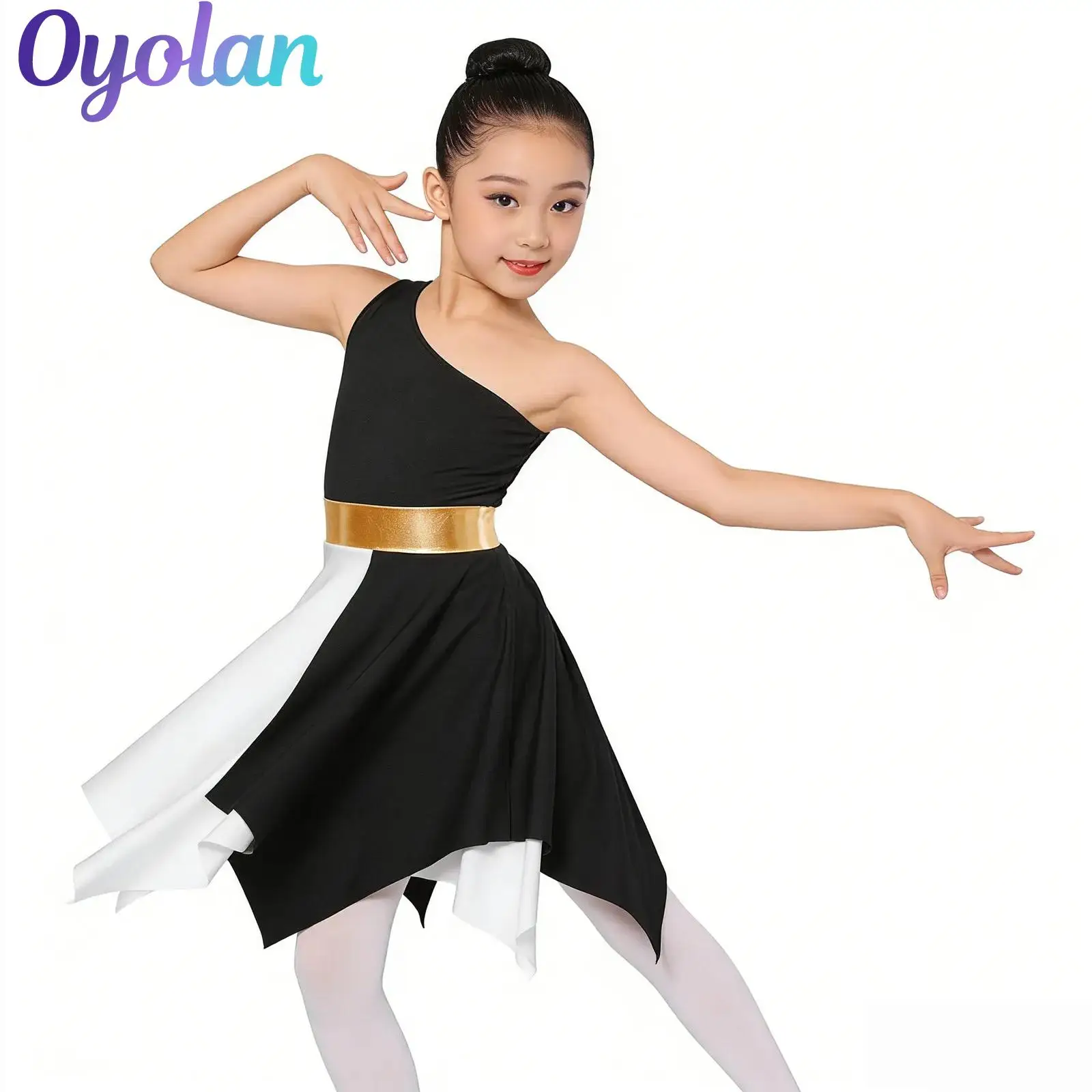 

Kids Girls Etiquette Praise Dance Tunic Dress Single Shoulder Ballroom Lyrical Costume Asymmetrical Tunic Skirt Overlay Dress
