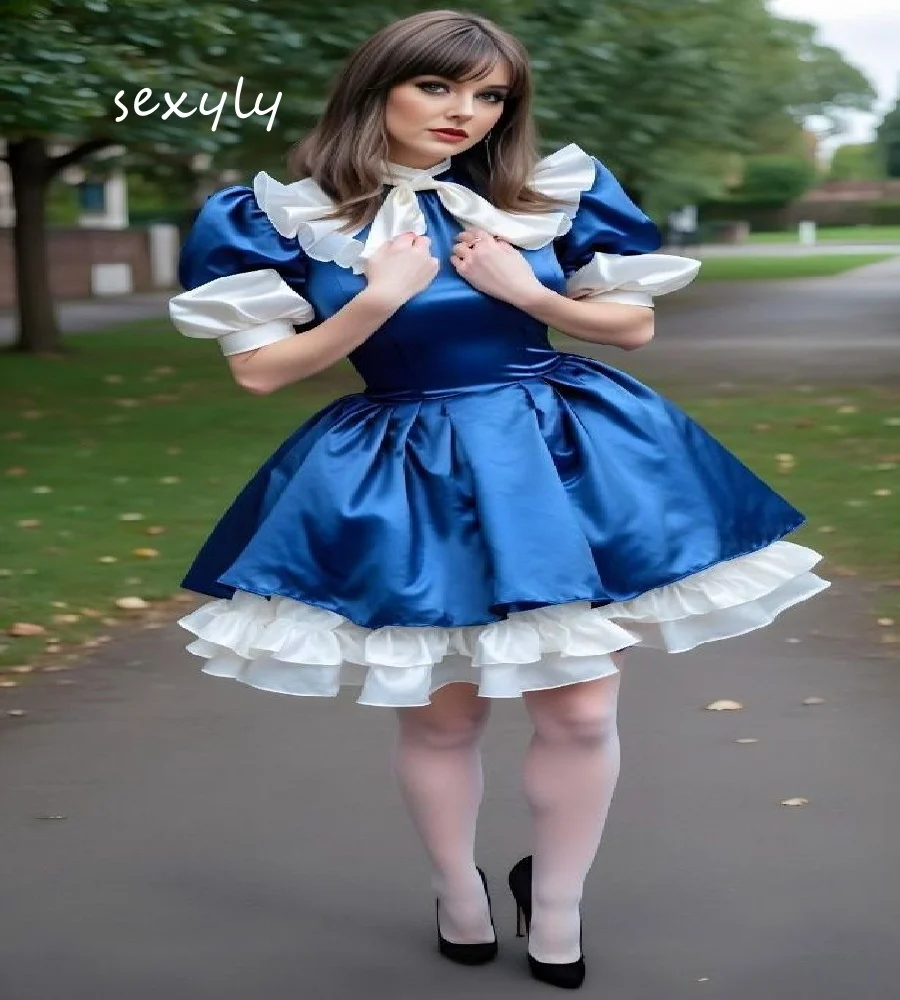 

Chic Blue Lolita Maid Prom Dress Short Sleeve Knee Length Costume Evening Dresses 2025 Frilly Kawaii Cocktail Club Customized