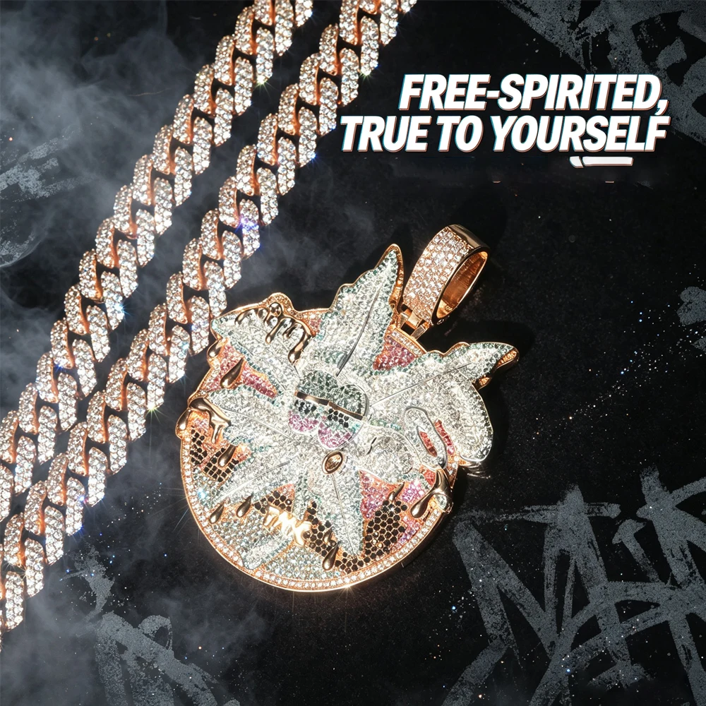 Iced Out Pendant Rose Pink Drip Sparkling Crystal Hip Hop Pendants 18K Gold Electroplated Cubic Zirconia Colorful Stone Inlay Dripping Gold Street Rapper Fine Jewelry Accessory For Men Party Club Daily Hip Hop Round Medallion Necklace Cuban Chain Charm