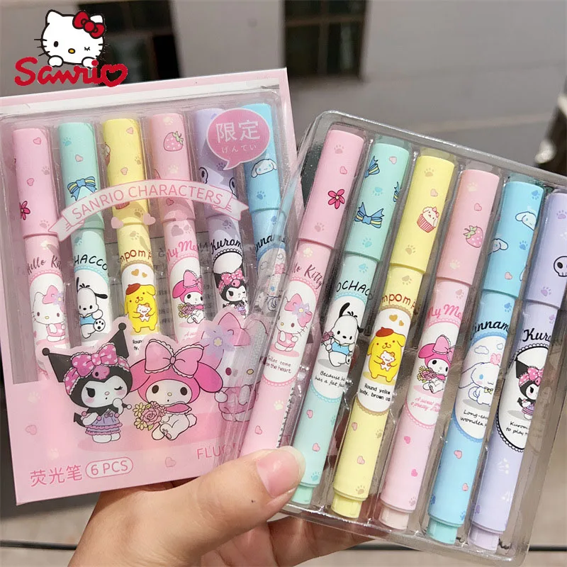 Sanrio 12pcs Kawaii Hello Kitty Highlighter 6-Color Boxed High-Value Color Pen Multifunctional Kulomi Girl Heart Highlighter