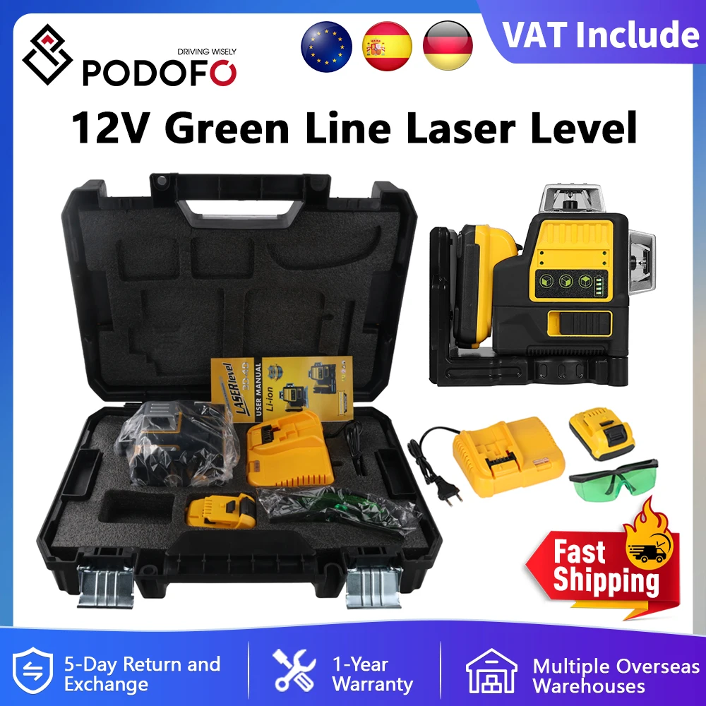 Podofo 12 lignes 3 côtés 360 degrés niveau Laser Vertical compteur vert IP65 preuve outil de ligne transversale avec chargeur de batterie au Lithium 12V