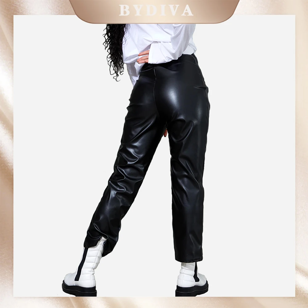 BYDIVA Black Pu Leather Leggings Women Sexy Slimming Tights Stretch Pants Soft High Waist Comfortable leather pants