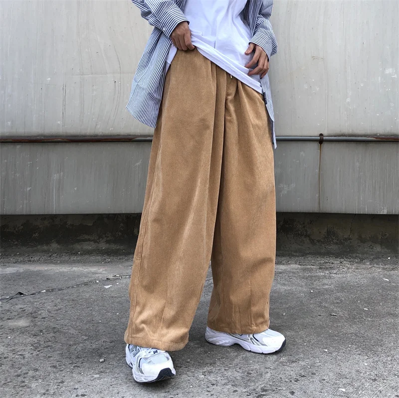 Men Corduroy Loose Pants Japanese Vintage Style Streetwear Male Spring Autumn Drawstring Waist Pants Handsome Straight Pants