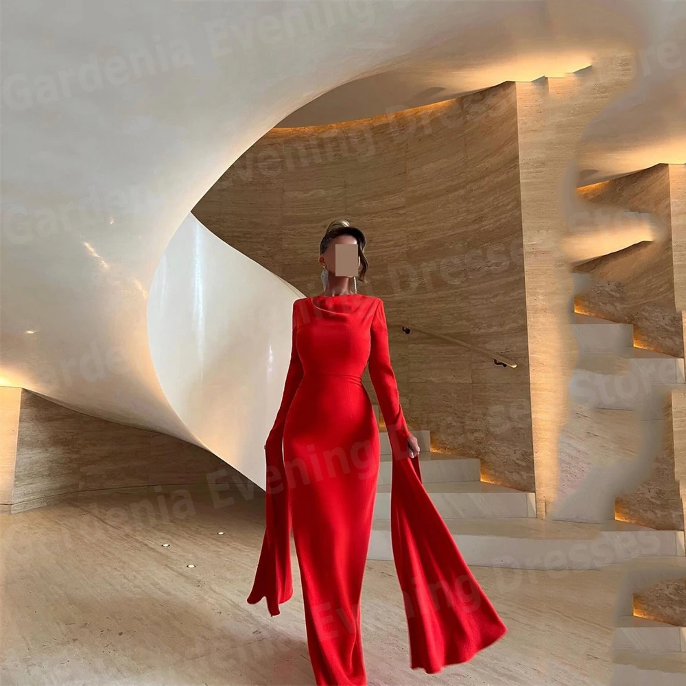 

Graceful Red Mermaid Women's Evening Dresses Long Sleeved Abendkleider Hochzeit Prom Gowns Vestidos De Fiesta Split Customized