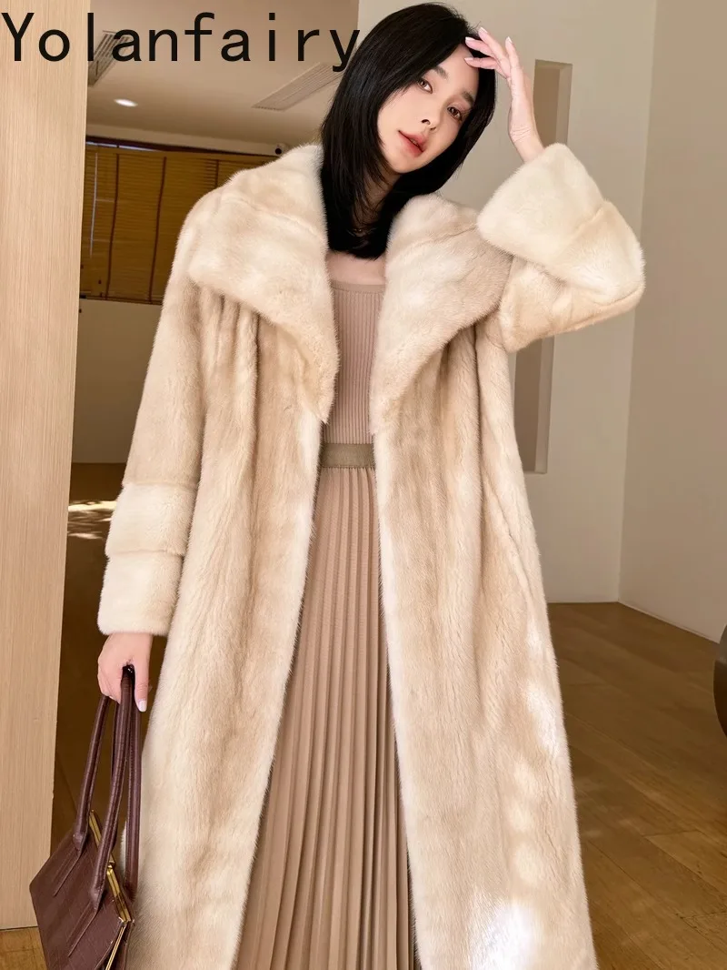 YOLANFAIRY Prawdziwy Futrzany Płaszcz Damski Luksusowy Zimowy Naturalny Futro z Norek Kurtka Damska Odzież Szalowy Kołnierz Długie Płaszcze Futrzane Odzież Wierzchnia