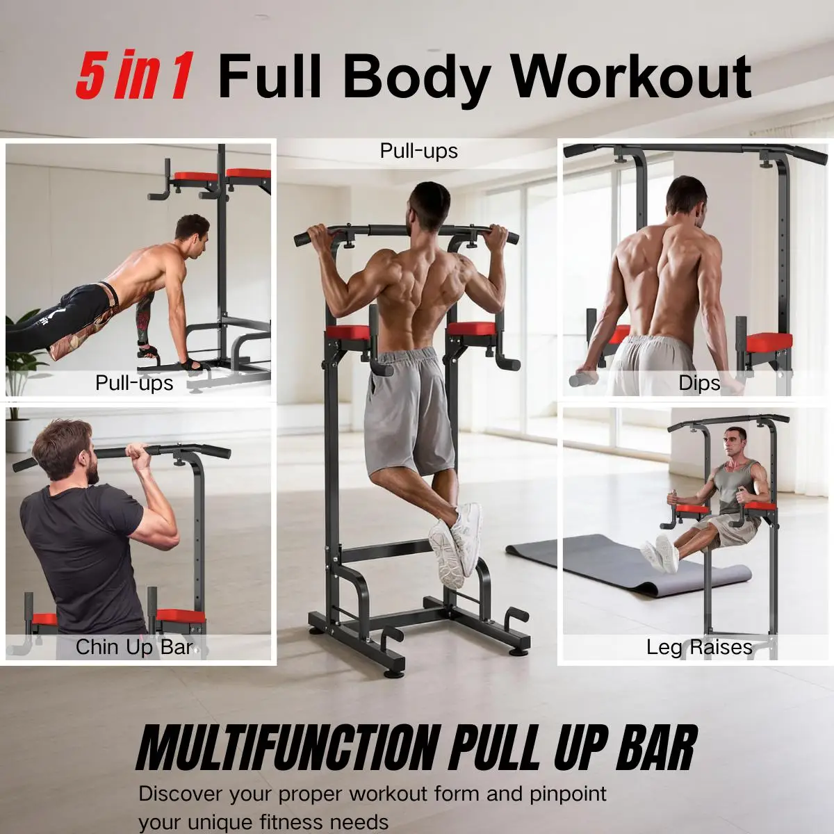 5-in-1 Power Tower Pull Up Bar Station, Height Adjustable Multi-Function Home Gym Strength Training Equipment, Dip Station for Pull-ups, Dips, Leg Raise, Supports Up to 330LBS